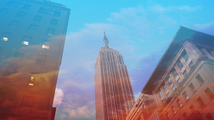 brown and gray concrete high-rise building, New York City, USA, clouds, Empire State Building, double exposure, blue, soft gradient , Photoshop, cyan, orange, HD wallpaper