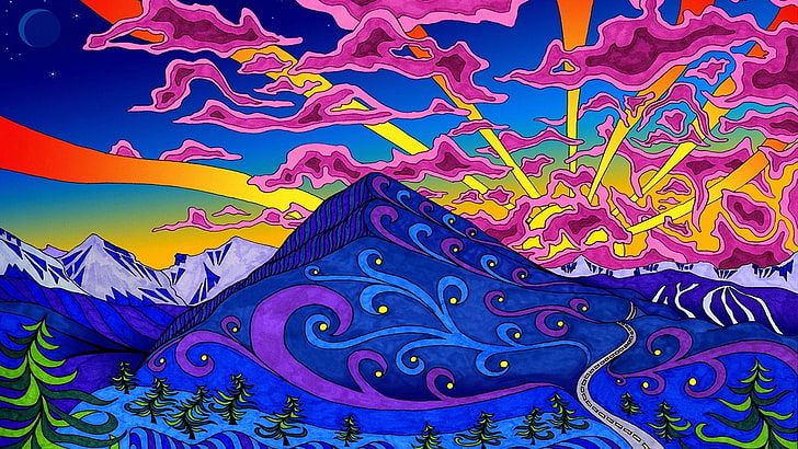 アートワーク カラフル 丘 線 月 山 自然 サイケデリック 道路 空 雪に覆われたピーク 星 太陽光線 木 Hdデスクトップの壁紙 Wallpaperbetter