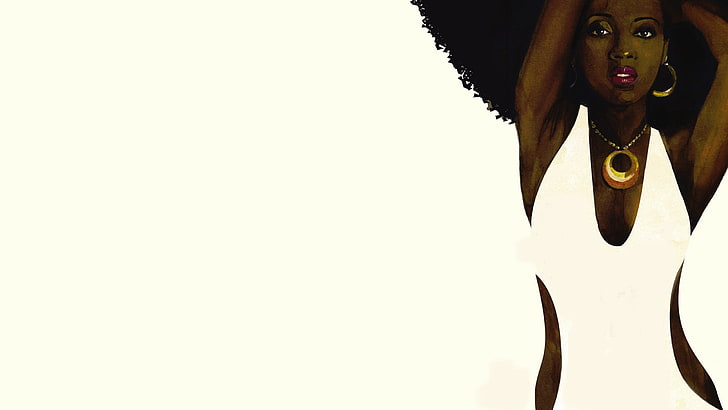 woman with afro hair digital wallpaper, look, style, white, Girl, earrings, dress, necklace, art, women, background., artwork, black woman, African-American, HD wallpaper