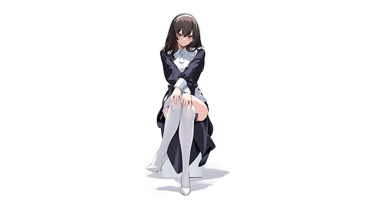 anime, anime girls, simple background, sitting, maid, maid outfit, thighs, stockings, white stockings, white legwear, Spider Apple, HD wallpaper