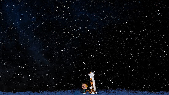 carta da parati animata, Calvin and Hobbes, spazio, stelle, Sfondo HD HD wallpaper