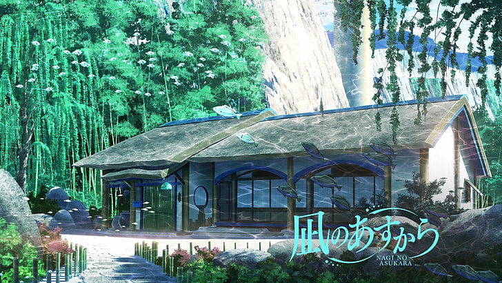illustrazione della casa in legno bianca e blu, Nagi no Asukara, casa, acqua, fantasy art, anime, Sfondo HD