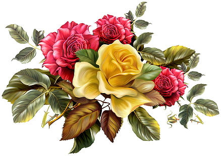 ilustracja czerwone i żółte kwiaty, liście, kwiaty, tło, róże, bukiet, żółty, kolce, czerwony, Tapety HD HD wallpaper