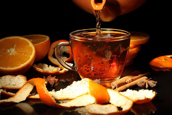 clear glass cuo, oranges, Cup, drink, cinnamon, peel, star anise, teapot, HD wallpaper