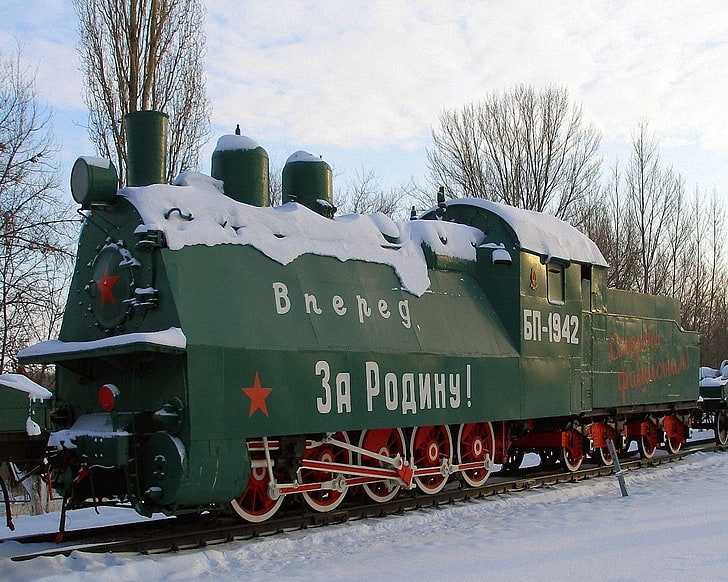 Брониран влак, СССР, парен локомотив, локомотив, зима, HD тапет