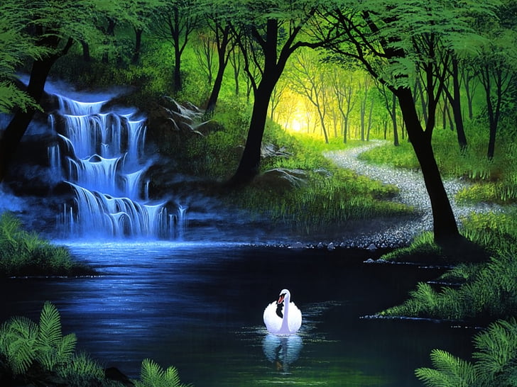 Birds, Swan, Artistic, Fantasy, Lake, Nature, Waterfall, HD wallpaper