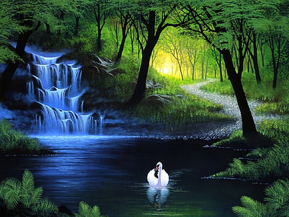 Birds, Swan, Artistic, Fantasy, Lake, Nature, Waterfall, HD wallpaper HD wallpaper