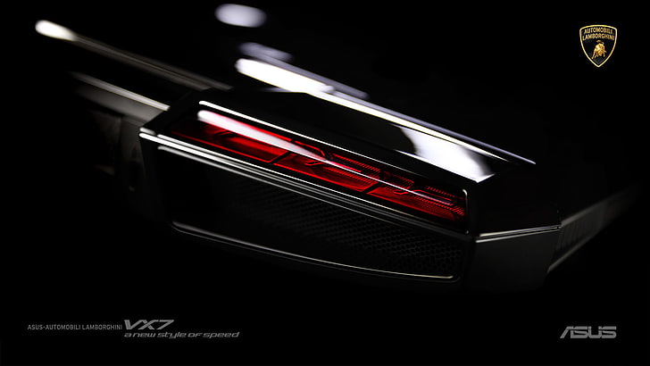 red car headlight with text overlay, Lamborghini, Laptop, Black, ASUS, Hi-Tech, VX 7, Noutbook, HD wallpaper