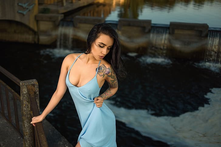girl, cleavage, long hair, dress, breast, photo, photographer, model, tattoo, lips, face, brunette, piercing, chest, black hair, portrait, mouth, wavy hair, strap, closed eyes, looking at camera, depth of field, bare shoulders, looking at viewer, pierced lip, Dmitry Medved, Aleksa Tereschuk, HD wallpaper