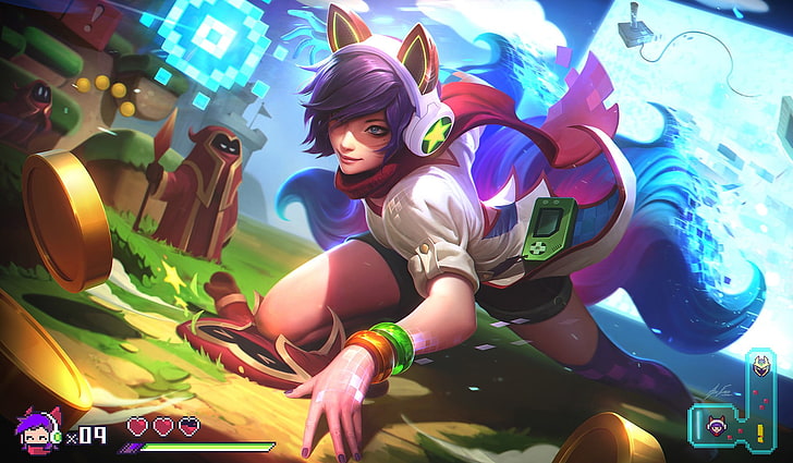 woman with purple hair anime character wallpaper, Summoner's Rift, Ahri (League of Legends), AlexFlores, HD wallpaper