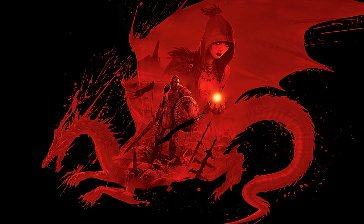 röd drakeillustration, röd, Dragon, Dragon Age Origins, Dungeons & Dragons, D & D, HD tapet