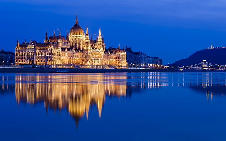 Паметници, сграда на унгарския парламент, архитектура, Будапеща, Дунав, Унгария, паметник, нощ, отражение, река, HD тапет
