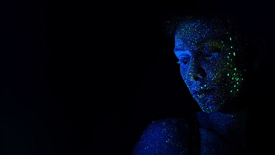 woman's face, photography, body paint, blue, green, glowing, HD wallpaper HD wallpaper