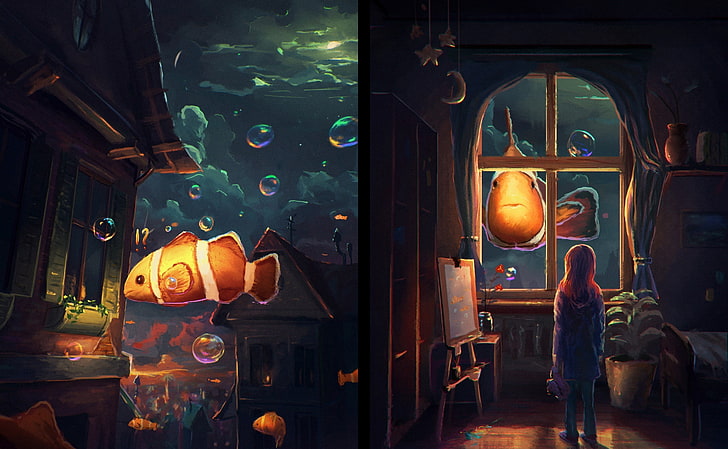 foto collage di pesci pagliaccio arancione e bianco, fantasy art, opere d'arte, pesce pagliaccio, pesce, finestra, bolle, notte, Sylar, Sfondo HD