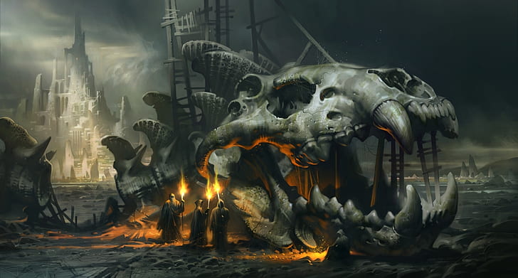 Dark, Fantastic, fantasy, fire, Gothic, skeleton, skull, world, HD wallpaper