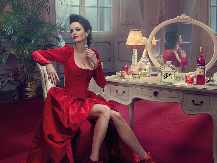 에바 그린, 유명 인사, 여자, 4k, 5k, HD, 빨강, 드레스, HD 배경 화면