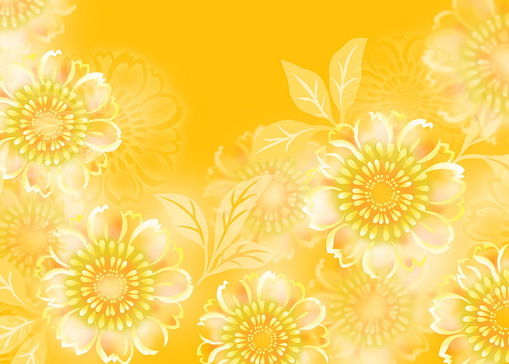 yellow and white floral illustration, flowers, yellow, pattern, HD wallpaper