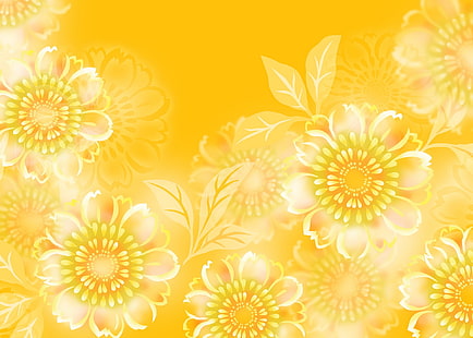 yellow and white floral illustration, flowers, yellow, pattern, HD wallpaper HD wallpaper