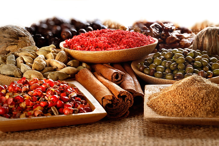 bowls of assorted spices, cinnamon, spices, cardamom, coriander, turmeric, HD wallpaper