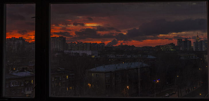 cidade, Rússia, fábrica, noite, laranja, pôr do sol, sombrio, HD papel de parede