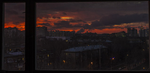 kota, Rusia, pabrik, malam, oranye, matahari terbenam, suram, Wallpaper HD HD wallpaper