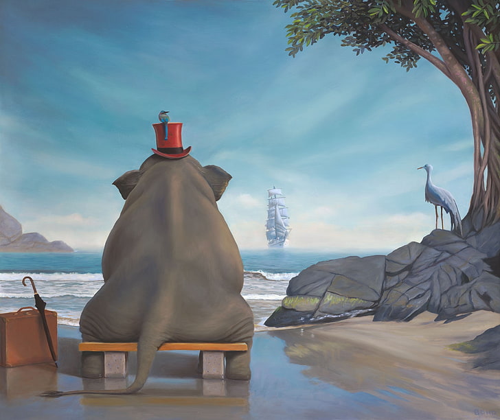 elefante, sentado, oceano, barco, ondas, praia, obra de arte, fantasia, HD papel de parede