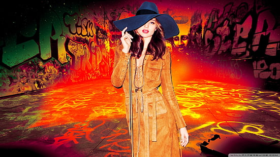 Miranda Kerr, model, wanita, berambut cokelat, mata biru, topi, Wallpaper HD HD wallpaper