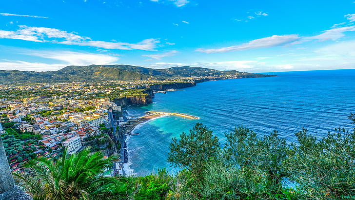 Amalfi, Campania, himmel, Italien, landskap, Neapel, träd, stad, vik, HD tapet