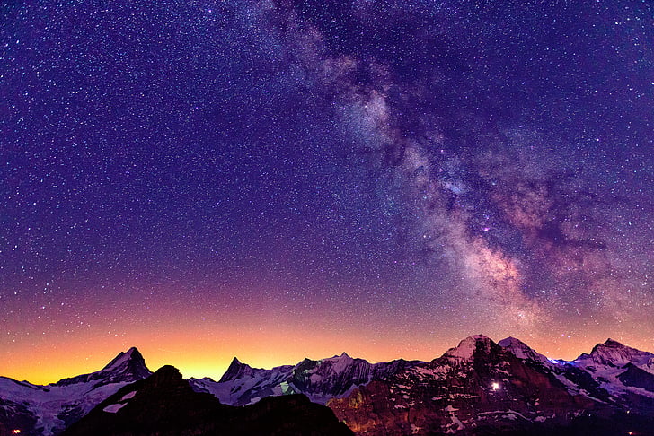alps, mountains, nature, sky, stars, sunrises, sunsets, switzerland, HD wallpaper