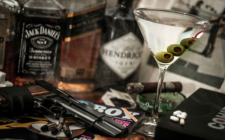 alcohol, ammunition, bullets, daniel 039 s, handgun, jack, martini, whiskey, HD wallpaper
