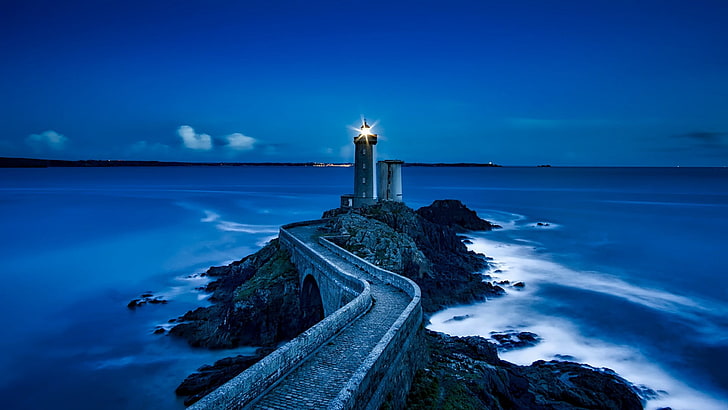 sea, tower, lighthouse, sky, blue, horizon, ocean, calm, water, shore, dusk, evening, plouzane, france, europe, brittany, HD wallpaper