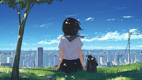  anime girls, schoolgirl, original characters, cityscape, Arttssam, HD wallpaper HD wallpaper