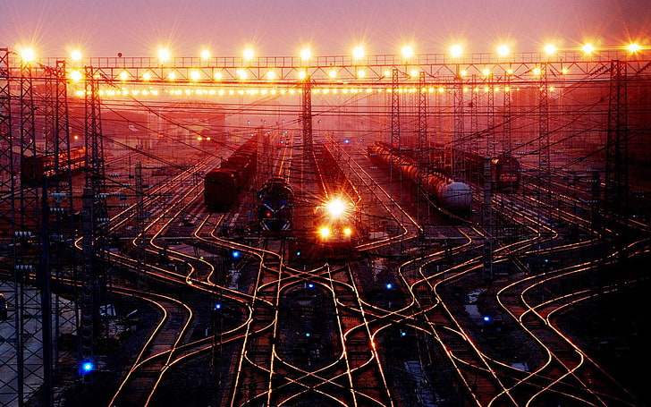 black train, digital art, train, train station, railway, night, lights, traffic lights, rail yard, HD wallpaper