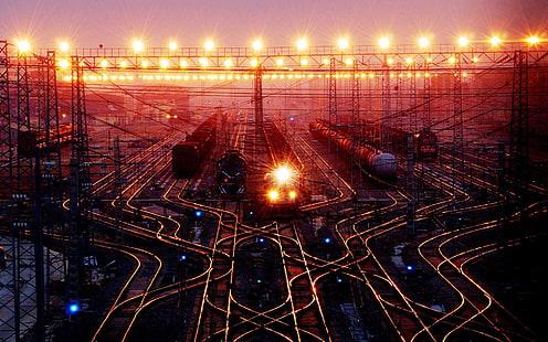 black train, digital art, train, train station, railway, night, lights, traffic lights, rail yard, HD wallpaper HD wallpaper