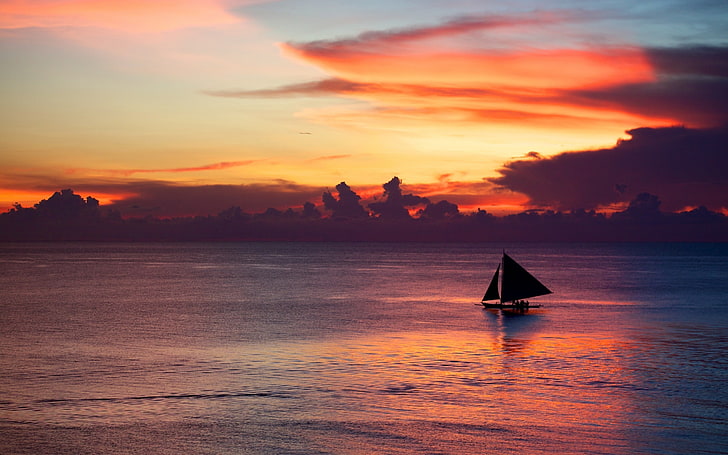 black sailboat, water, landscape, sailing ship, sky, clouds, sunlight, sea, sunset, HD wallpaper