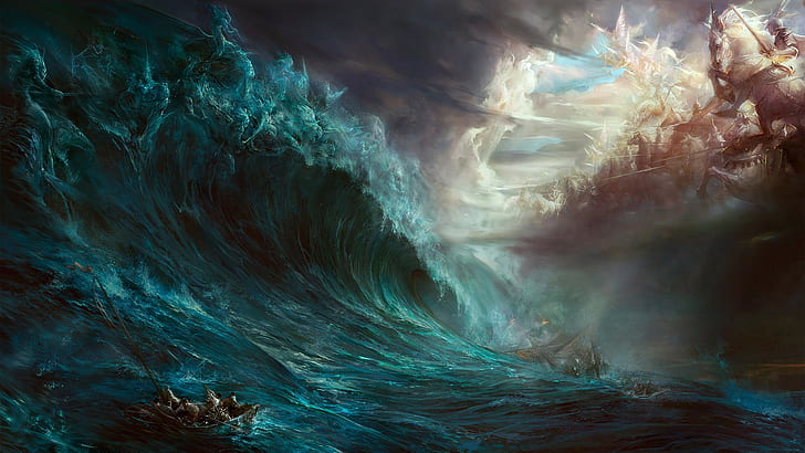 Zeus, Poseidon, battle, ship, mythology, artwork, painting, waves, fantasy art, horse, boat, clouds, sea, gods, HD wallpaper