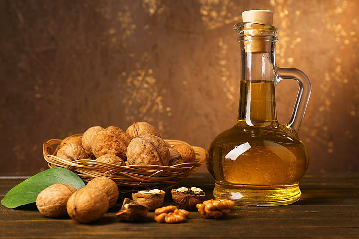 грецкие орехи, сливочное масло, мед, бутылка, листья, грецкие орехи, сливочное масло, мед, бутылка, листья, HD обои
