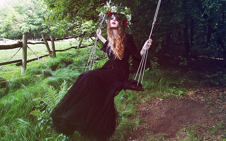 women, women outdoors, wreaths, swings, black dress, Gothic, goths, alternative subculture, HD wallpaper