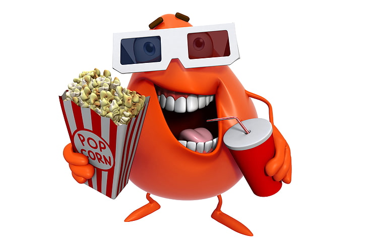 Pop Corn i ilustracja okularów 3D, potwór, kino, uśmiech, kreskówka, postać, film, zabawny, ładny, popcorn, Tapety HD