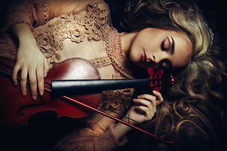 girl, face, mood, violin, hands, makeup, bow, closed eyes, Ruslan Bolgov, HD wallpaper