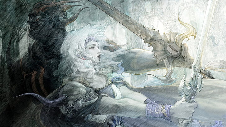 Zeichnungs-Schwert Final Fantasy Squaresoft Yoshitaka Amano HD, Frau, die Schwertillustration, Digital / Grafik, Fantasie, Zeichnung, Schwert, Final, Yoshitaka, Squaresoft, Amano hält, HD-Hintergrundbild