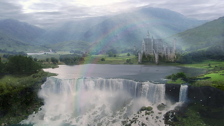 Fantasiekunst, Schloss, digitale Kunst, Wasserfall, Landschaft, Berge, HD-Hintergrundbild