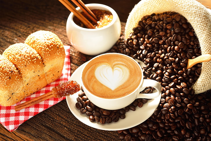 black and brown coffee beans, figure, coffee, grain, Breakfast, muffin, cakes, bread, baking, HD wallpaper