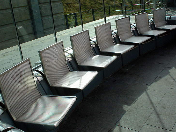 chair, glass, grey, modern, seat, seats, tram, urban, waiting room, HD wallpaper
