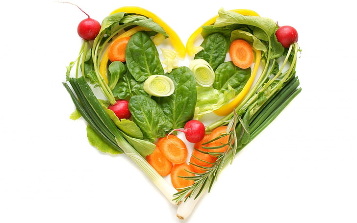 разнообразни зеленчукови партиди, креативност, сърце, зеленчуци, моркови, репички, лук, билки, HD тапет