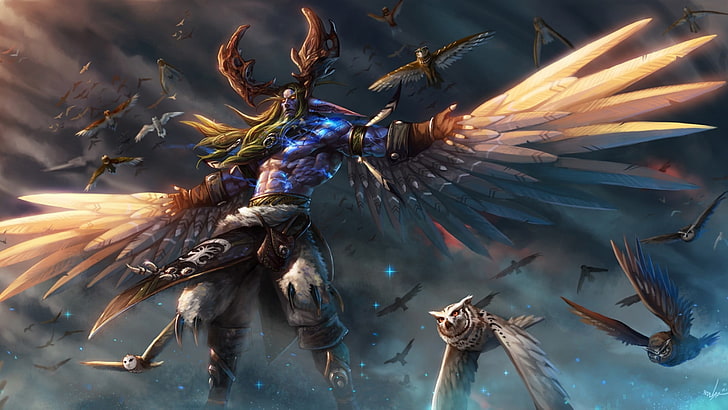 обои крылатый монстр, Малфурион, World of Warcraft, видеоигры, крылья, птицы, фэнтези-арт, друиды, HD обои