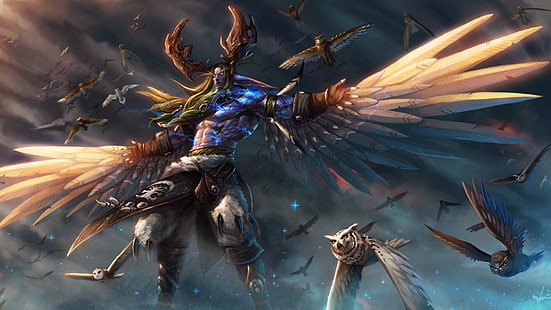 обои крылатый монстр, Малфурион, World of Warcraft, видеоигры, крылья, птицы, фэнтези-арт, друиды, HD обои HD wallpaper
