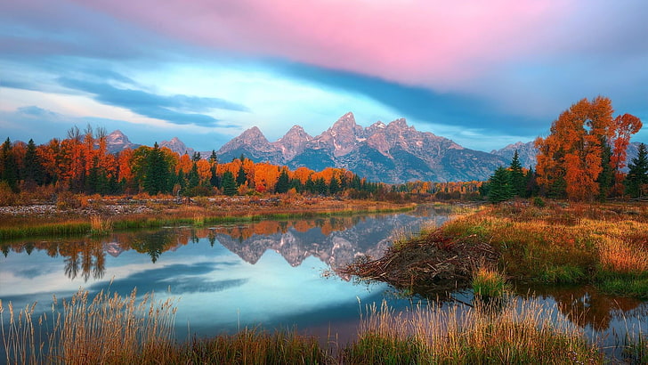 großartiger teton Nationalpark, Wyoming, Vereinigte Staaten, reflektiert, Schlangenfluß, Herbst, schwabacher Landung, Fluss, Sonnenaufgang, HD-Hintergrundbild