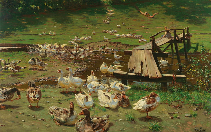 1905年、ドイツの画家、デュッセルドルフ美術学校、夏の日池のガチョウ、アドルフ・リンス、デュッセルドルフ絵画学校、夏の日。池のそばのガチョウ、 HDデスクトップの壁紙