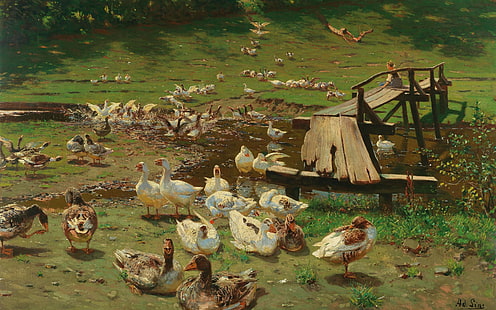  1905, German painter, The Dusseldorf school of art, Summer day Geese at the pond, Adolf Lins, Düsseldorf school of painting, A summer day. Geese by a pond, HD wallpaper HD wallpaper